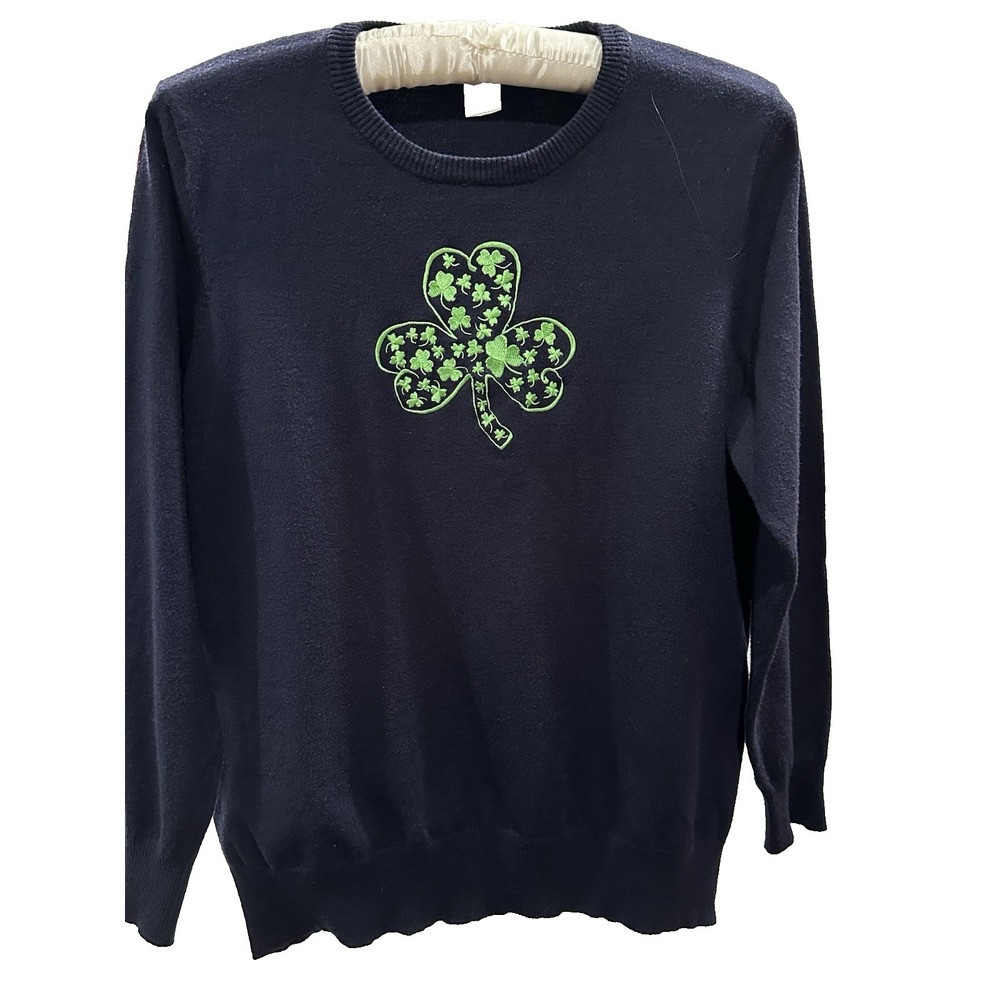 Potpourri Navy Blue Sweater Shamrock Clover Graphic Knit Pullover‎ Women's XL